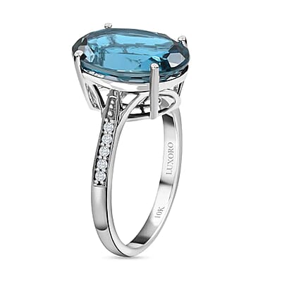 Luxoro AAA London Blue Topaz Ring, Certified & Appraised Blue Topaz Ring, Diamond Accent Ring, 10K White Gold, Wedding Rings 7.20 ctw (Size 6)
