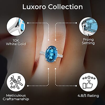 Luxoro AAA London Blue Topaz Ring, Certified & Appraised Blue Topaz Ring, Diamond Accent Ring, 10K White Gold, Wedding Rings 7.20 ctw (Size 7)