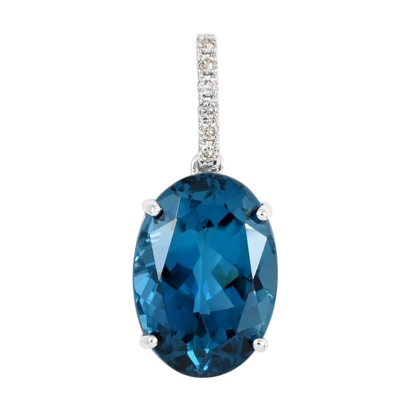 Luxoro 10K White Gold AAA London Blue Topaz and G-H I1 Diamond Solitaire Pendant 7.15 ctw