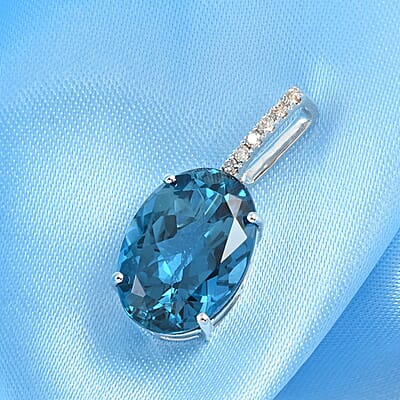 Luxoro 10K White Gold AAA London Blue Topaz and G-H I1 Diamond Solitaire Pendant 7.15 ctw