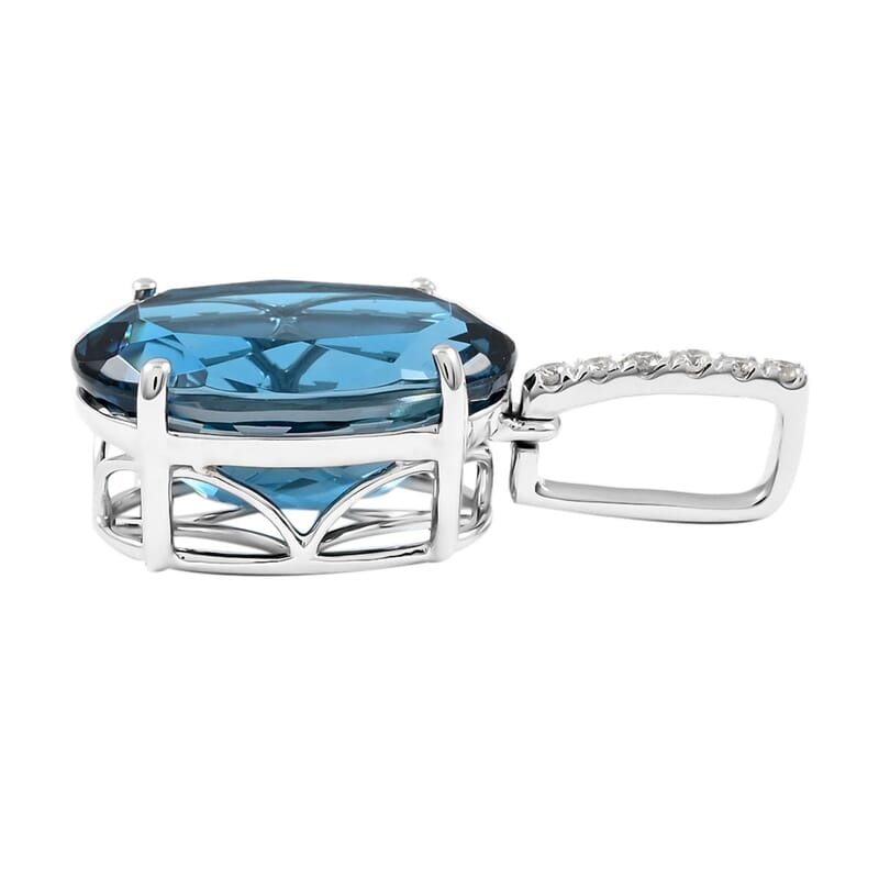 Luxoro 10K White Gold AAA London Blue Topaz and G-H I1 Diamond Solitaire Pendant 7.15 ctw