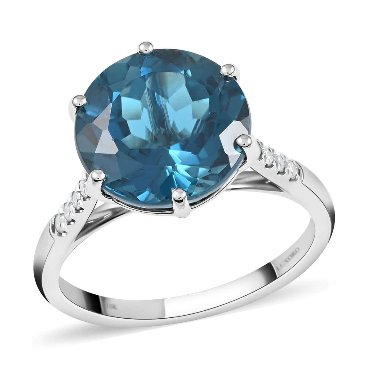 Certified & Appraised Luxoro 10K White Gold AAA London Blue Topaz and G-H I1 Diamond Ring 6.35 ctw image number 0