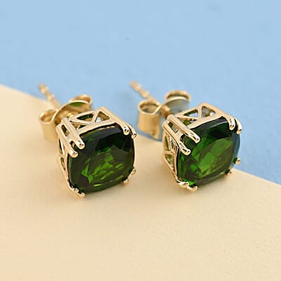 Certified & Appraised Luxoro AAA Chrome Diopside 3.15 ctw Solitaire Stud Earrings in 10K Yellow Gold
