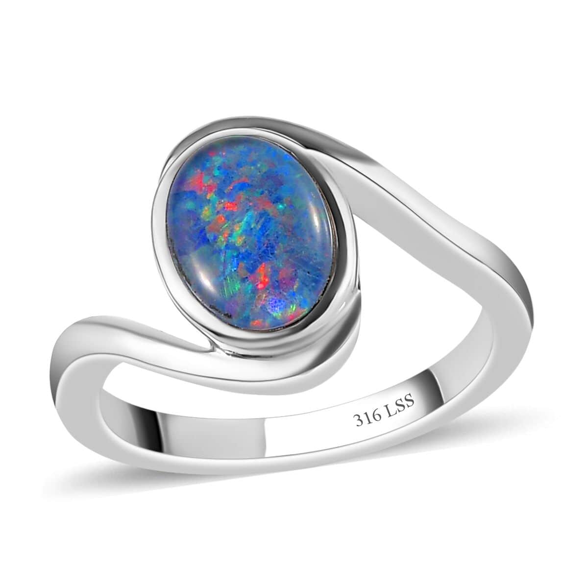 Australian Boulder Opal Triplet Bypass Ring in Stainless Steel (Size 10.0) 0.90 ctw image number 0