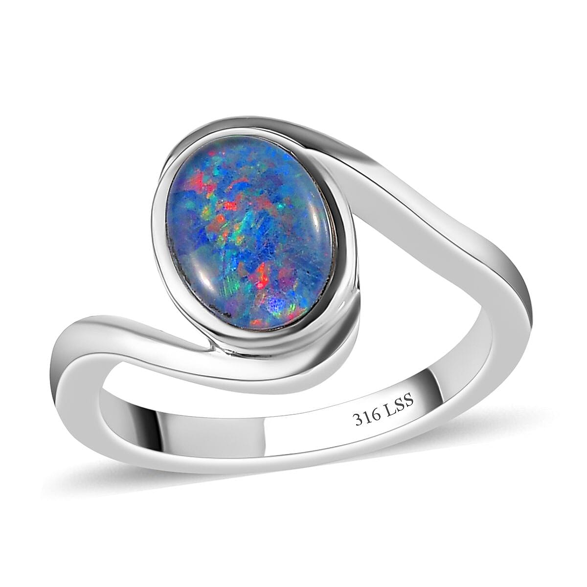 Australian Boulder Opal Triplet Bypass Ring in Stainless Steel (Size 10.0) 0.90 ctw image number 0