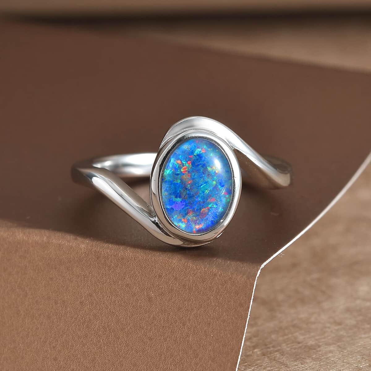 TLV Australian Boulder Opal Triplet Bypass Ring in Stainless Steel (Size 10.0) 0.90 ctw image number 1