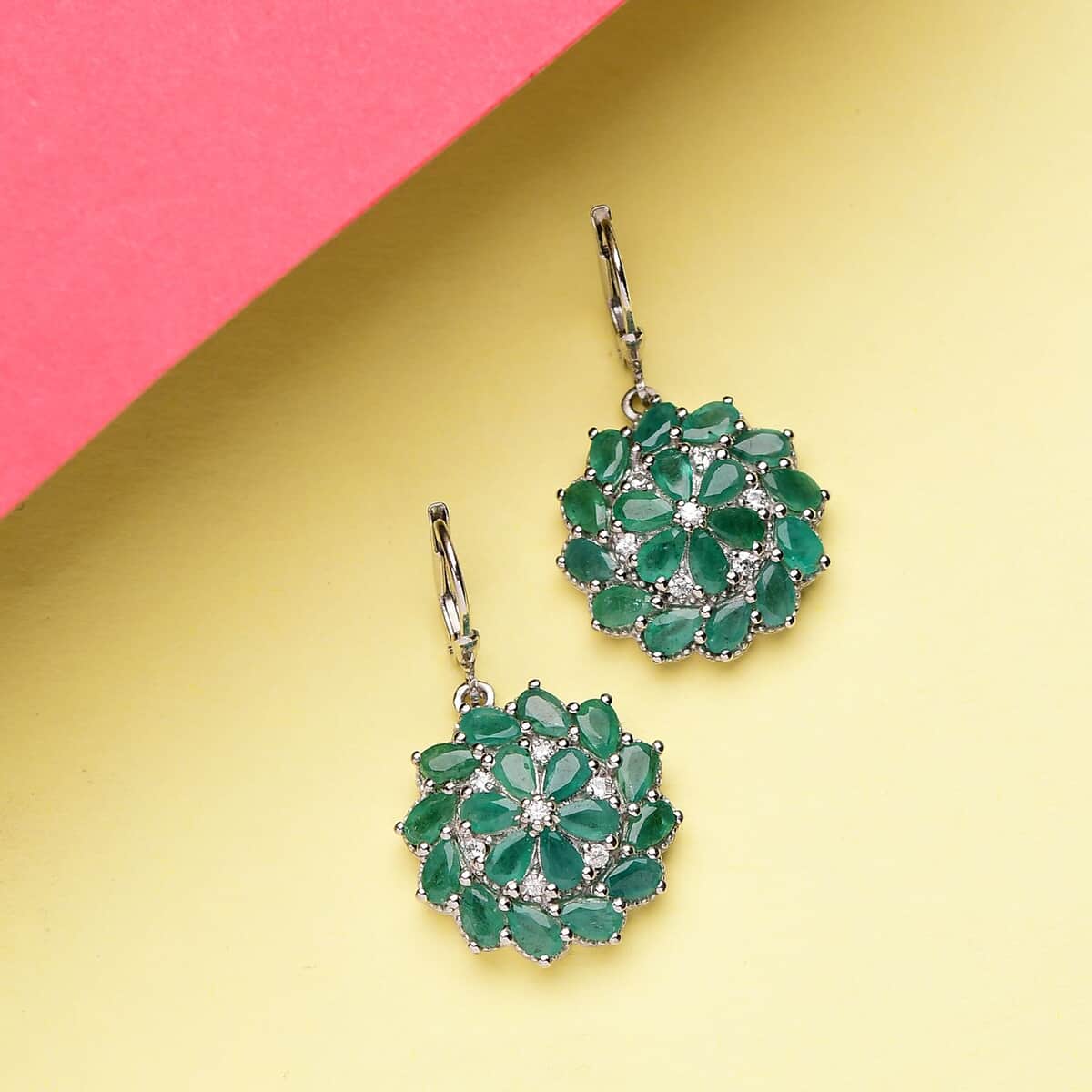 Socoto Emerald and White Zircon Floral Earrings in Platinum Over Sterling Silver 7.10 ctw image number 1