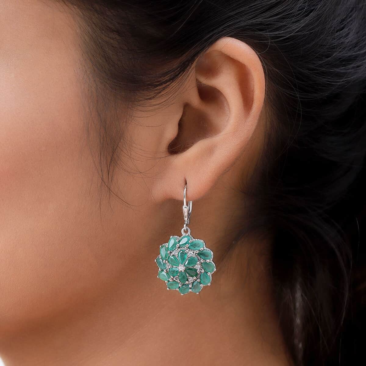 Socoto Emerald and White Zircon Floral Earrings in Platinum Over Sterling Silver 7.10 ctw image number 2