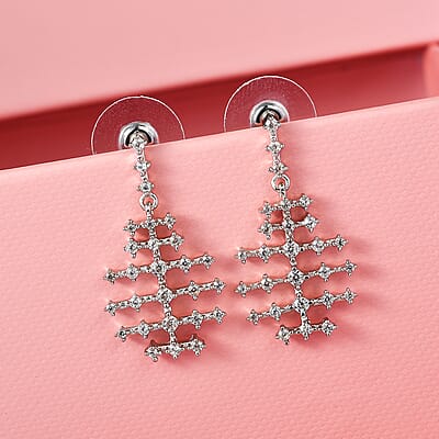 White Zircon Fish Bone Earrings in Platinum Over Sterling Silver 1.15 ctw
