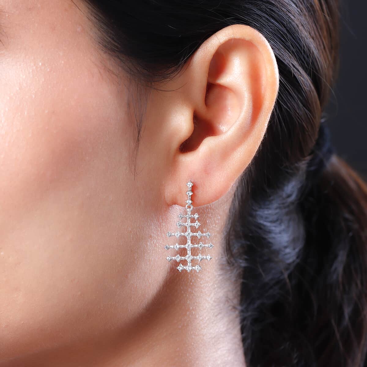 White Zircon Fish Bone Earrings in Platinum Over Sterling Silver 1.15 ctw image number 2