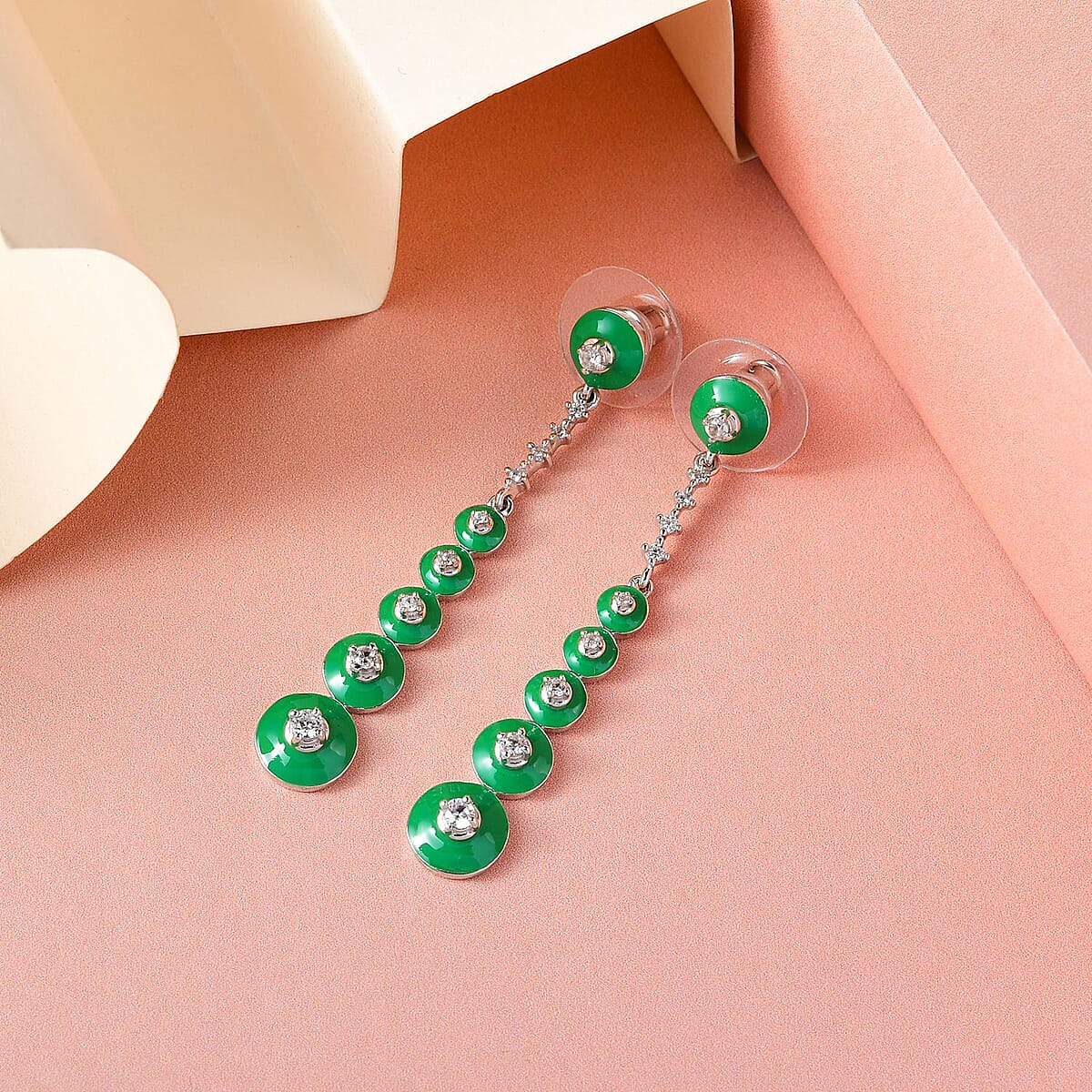 Natural White Zircon and Enameled Dangling Earrings in Platinum Over Sterling Silver 0.60 ctw image number 1