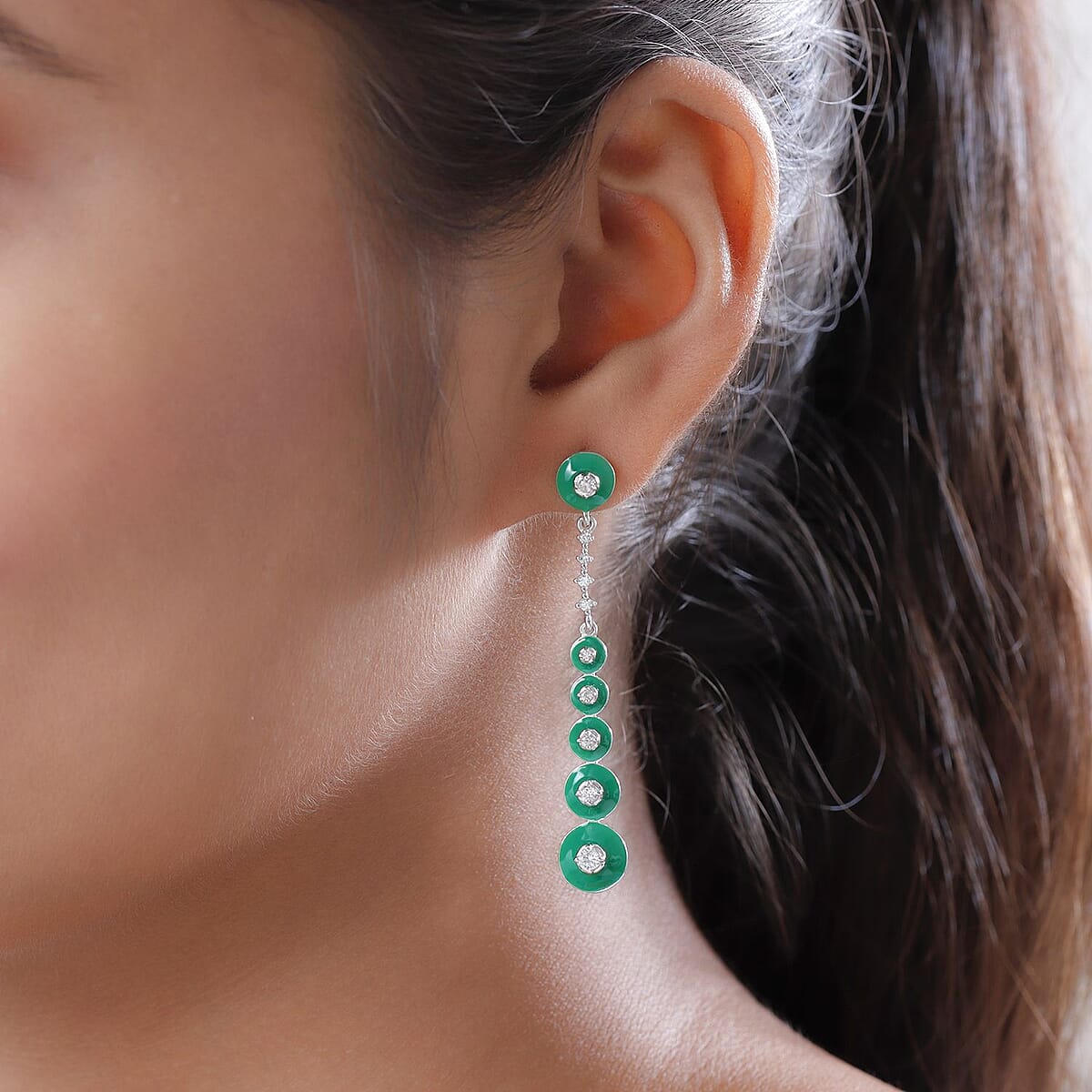 Natural White Zircon and Enameled Dangling Earrings in Platinum Over Sterling Silver 0.60 ctw image number 2