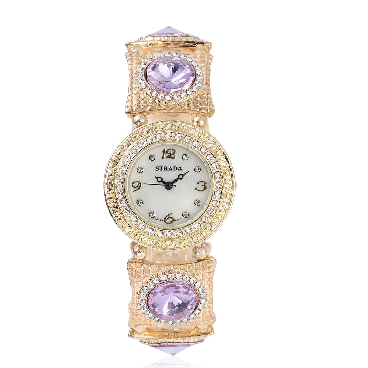 Strada Japanese Movement Purple Glass, White Austrian Crystal Bracelet Watch in Goldtone 21.00 ctw image number 0