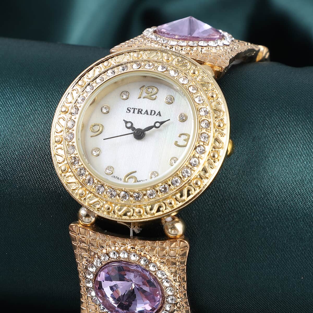Strada Japanese Movement Purple Glass, White Austrian Crystal Bracelet Watch in Goldtone 21.00 ctw image number 1
