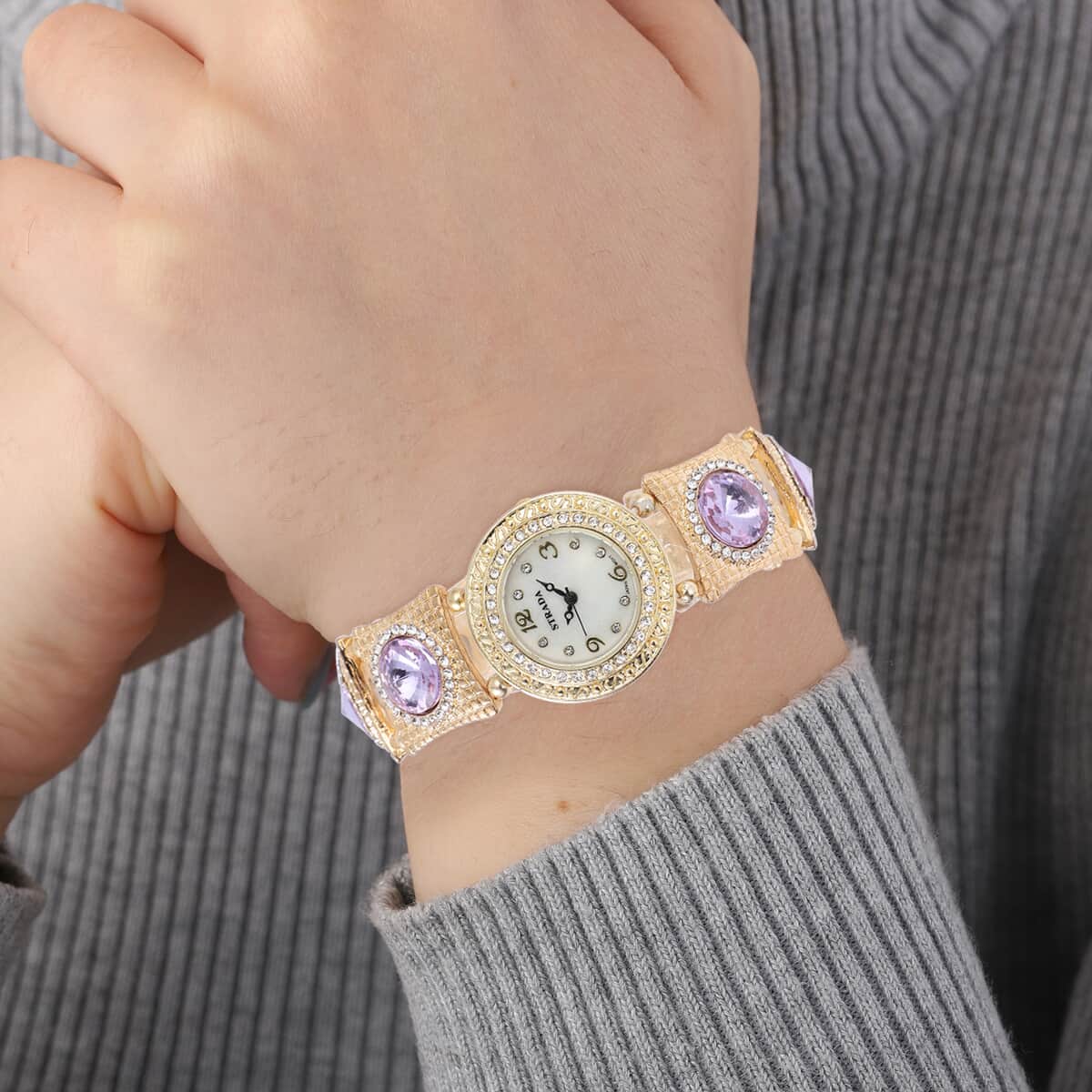 Strada Japanese Movement Purple Glass, White Austrian Crystal Bracelet Watch in Goldtone 21.00 ctw image number 2