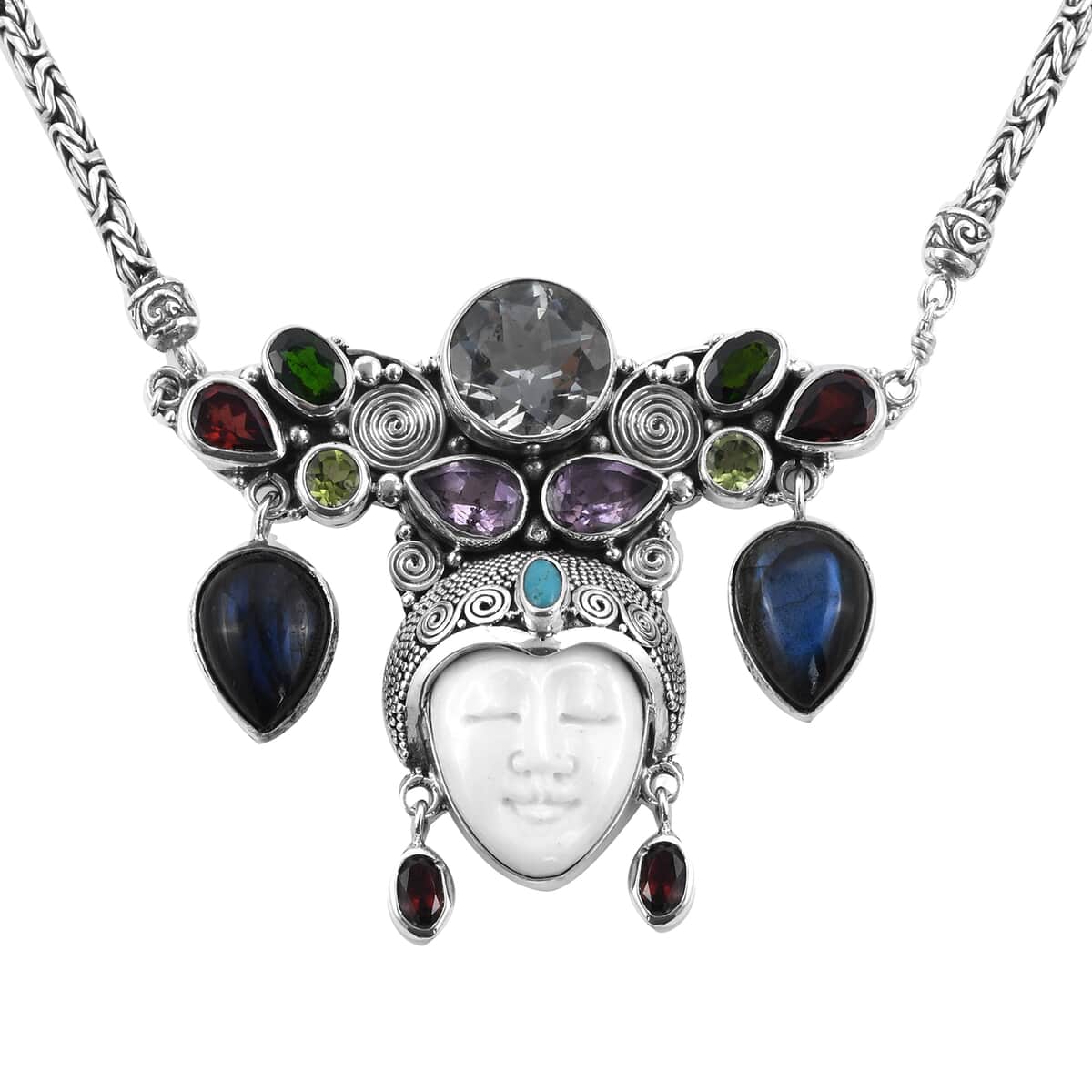 Bali Goddess Carved Bone and Multi Gemstone Necklace 22 Inches in Sterling Silver 39.20 Grams 26.10 ctw image number 0