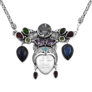 Bali Goddess Carved Bone and Multi Gemstone Necklace 22 Inches in Sterling Silver 39.20 Grams 26.10 ctw