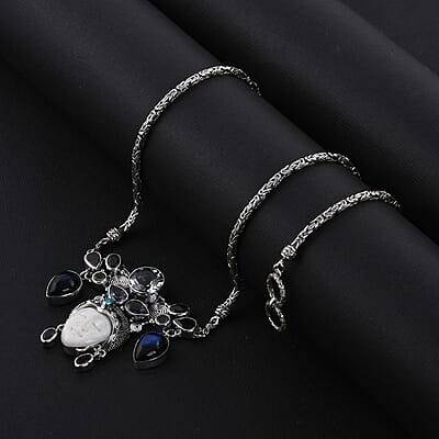 Bali Goddess Carved Bone and Multi Gemstone Necklace 22 Inches in Sterling Silver 39.20 Grams 26.10 ctw