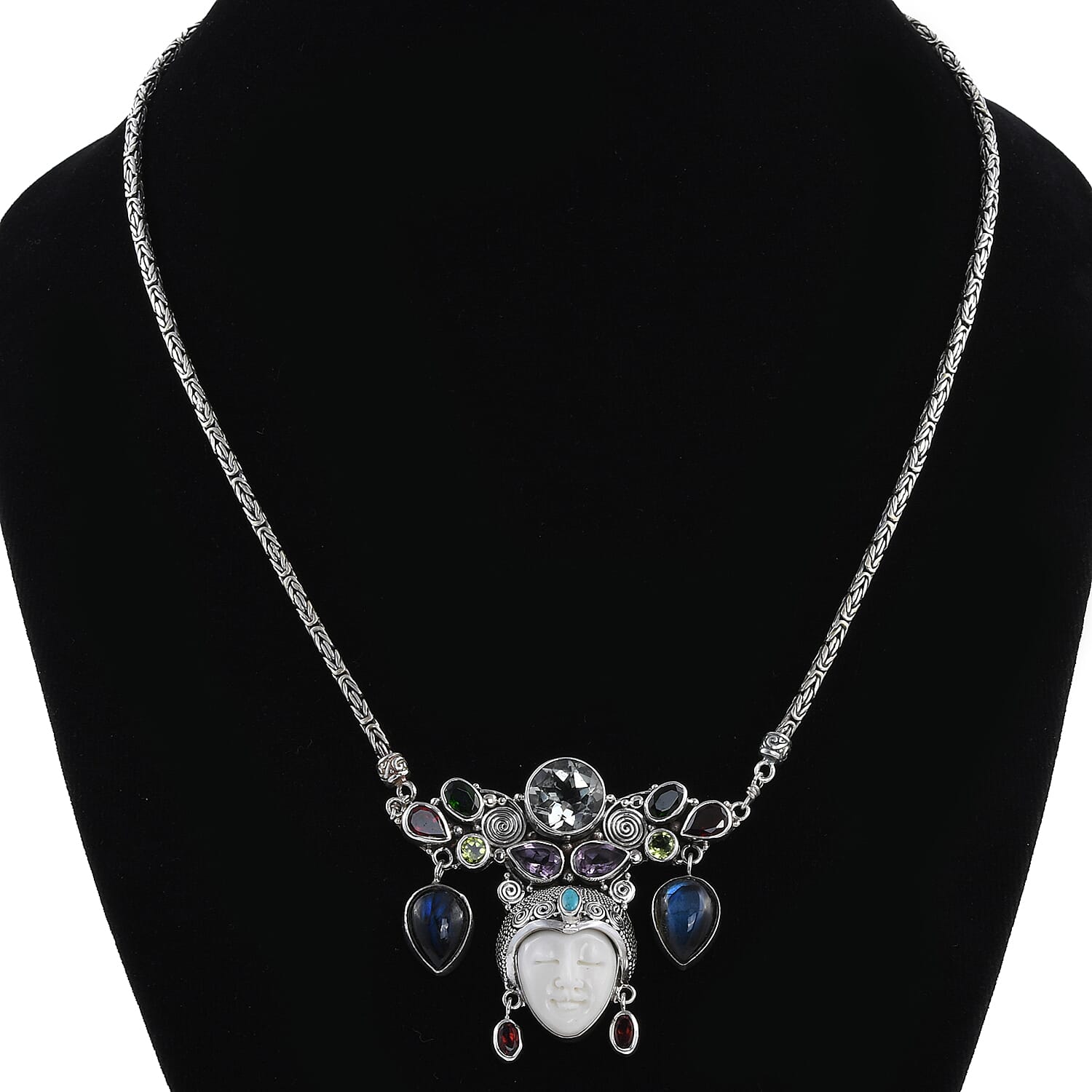 Bali Goddess Carved Bone and Multi Gemstone Necklace 22 Inches in Sterling Silver 39.20 Grams 26.10 ctw