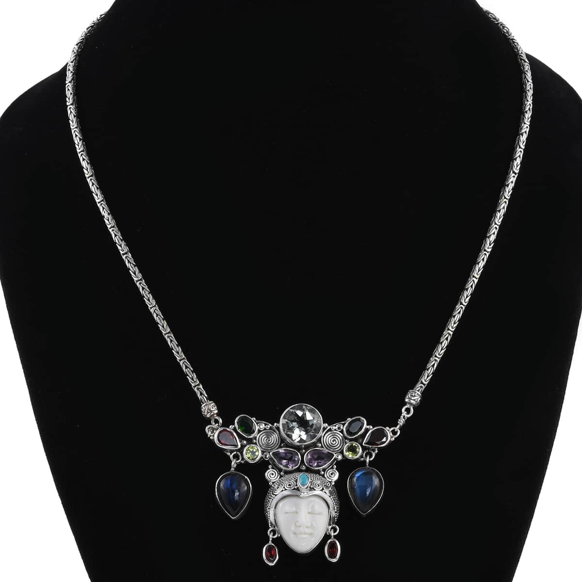 Bali Goddess Carved Bone and Multi Gemstone Necklace 22 Inches in Sterling Silver 39.20 Grams 26.10 ctw image number 2