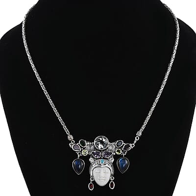 Bali Goddess Carved Bone and Multi Gemstone Necklace 22 Inches in Sterling Silver 39.20 Grams 26.10 ctw