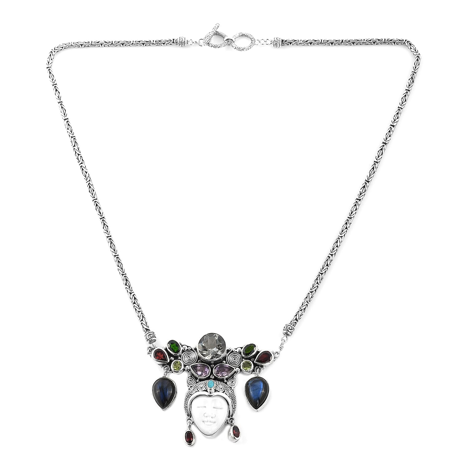 Bali Goddess Carved Bone and Multi Gemstone Necklace 22 Inches in Sterling Silver 39.20 Grams 26.10 ctw