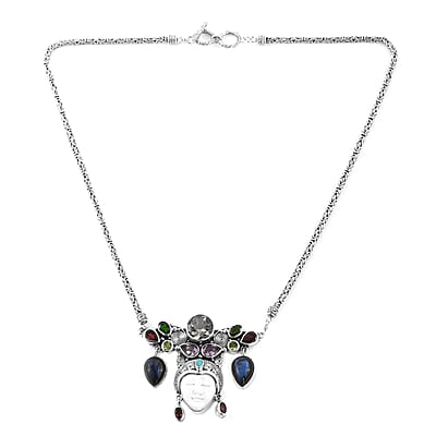Bali Goddess Carved Bone and Multi Gemstone Necklace 22 Inches in Sterling Silver 39.20 Grams 26.10 ctw