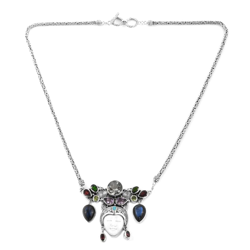 Bali Goddess Carved Bone and Multi Gemstone Necklace 22 Inches in Sterling Silver 39.20 Grams 26.10 ctw