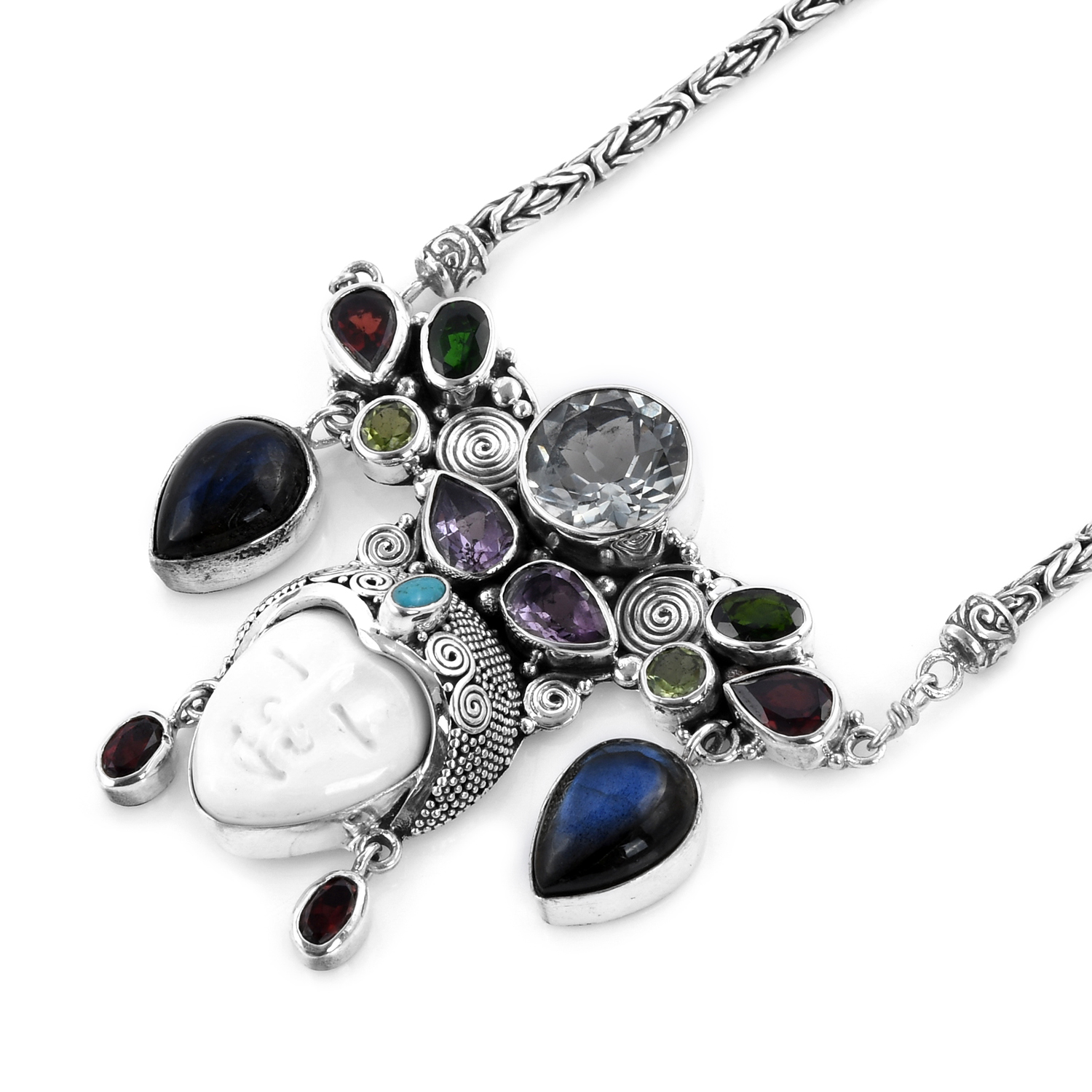 Bali Goddess Carved Bone and Multi Gemstone Necklace 22 Inches in Sterling Silver 39.20 Grams 26.10 ctw