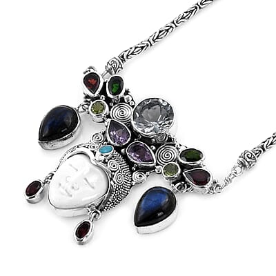 Bali Goddess Carved Bone and Multi Gemstone Necklace 22 Inches in Sterling Silver 39.20 Grams 26.10 ctw
