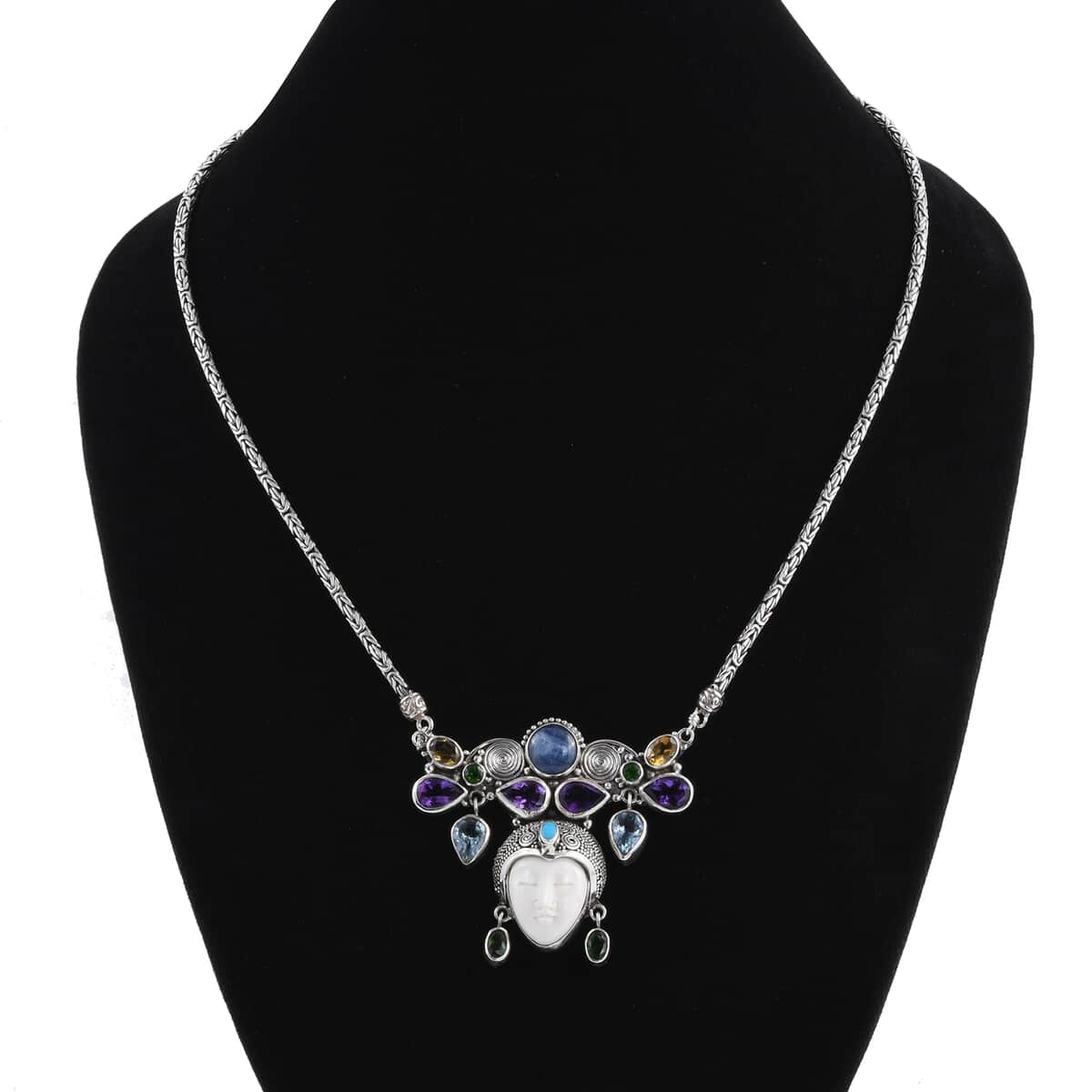 Bali Goddess Carved Bone and Multi Gemstone Necklace 20 Inches in Sterling Silver 39.20 Grams 21.00 ctw image number 2