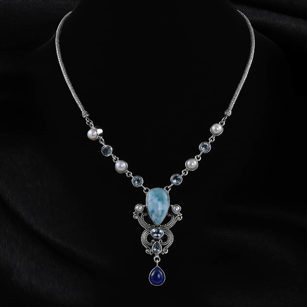 Bali Legacy Larimar and Multi Gemstone Borobudur Necklace 20 Inches in Sterling Silver 47.25 ctw image number 1