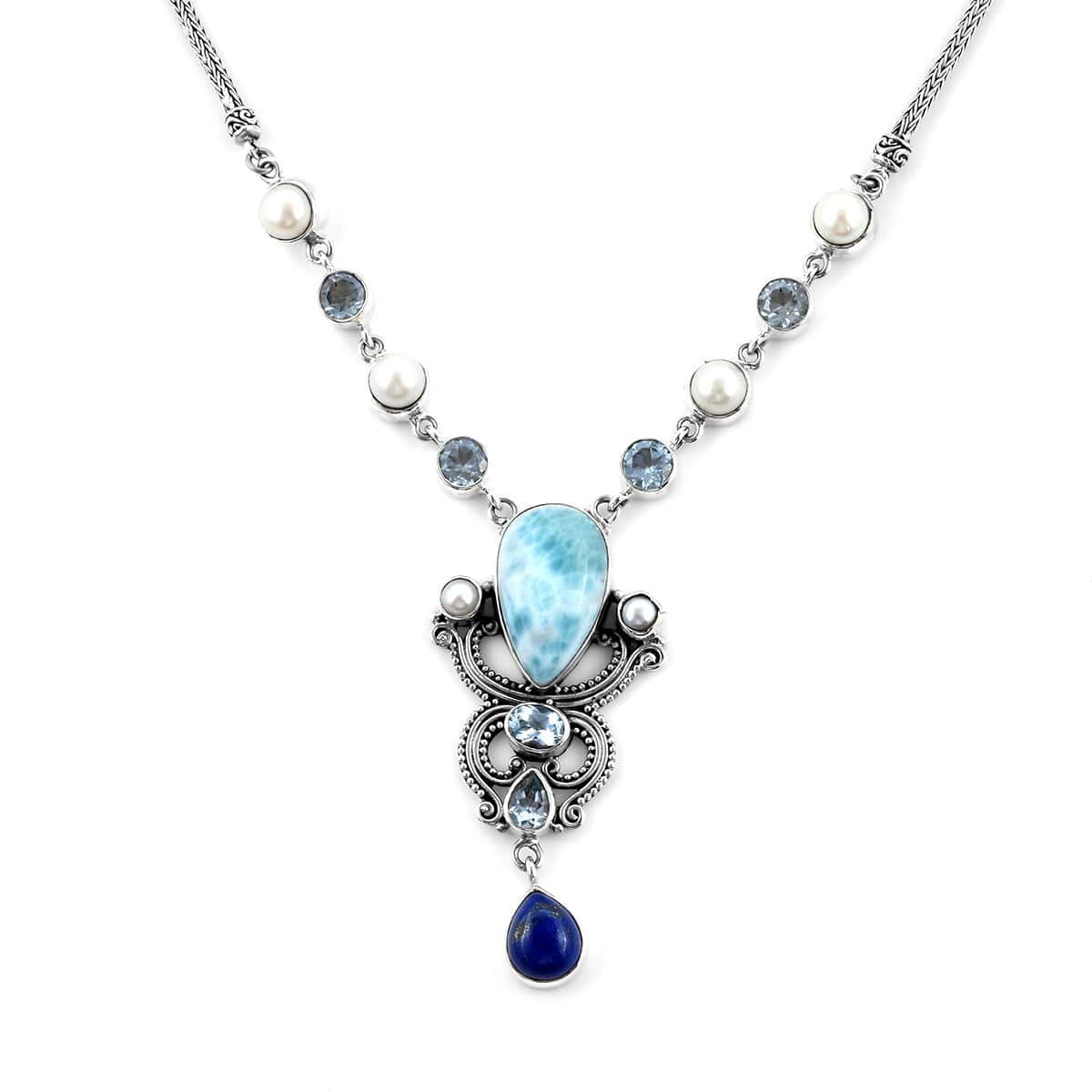 Bali Legacy Larimar and Multi Gemstone Borobudur Necklace 20 Inches in Sterling Silver 47.25 ctw image number 3