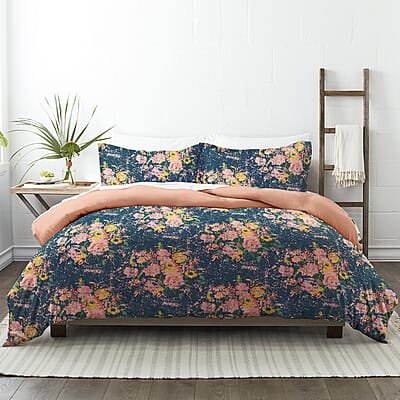 Made Supply Co. Navy Floral Pattern Microfiber 3pcs Comforter - Queen