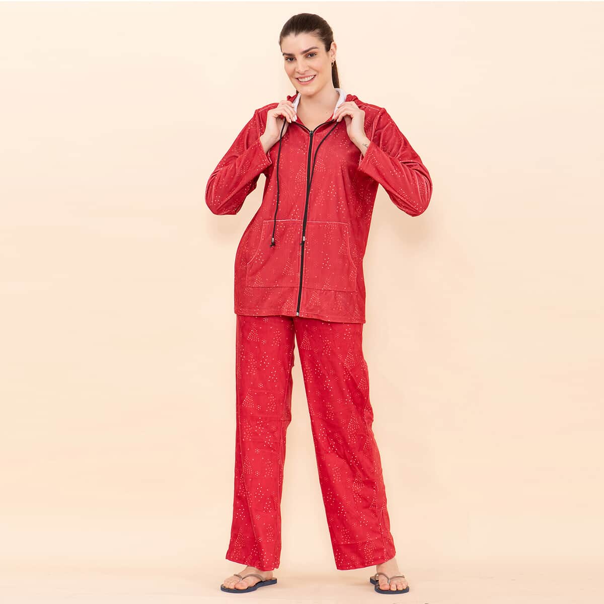 TAMSY Red Sparkle Printed Brushed Flannel Track Suit Set - L image number 0