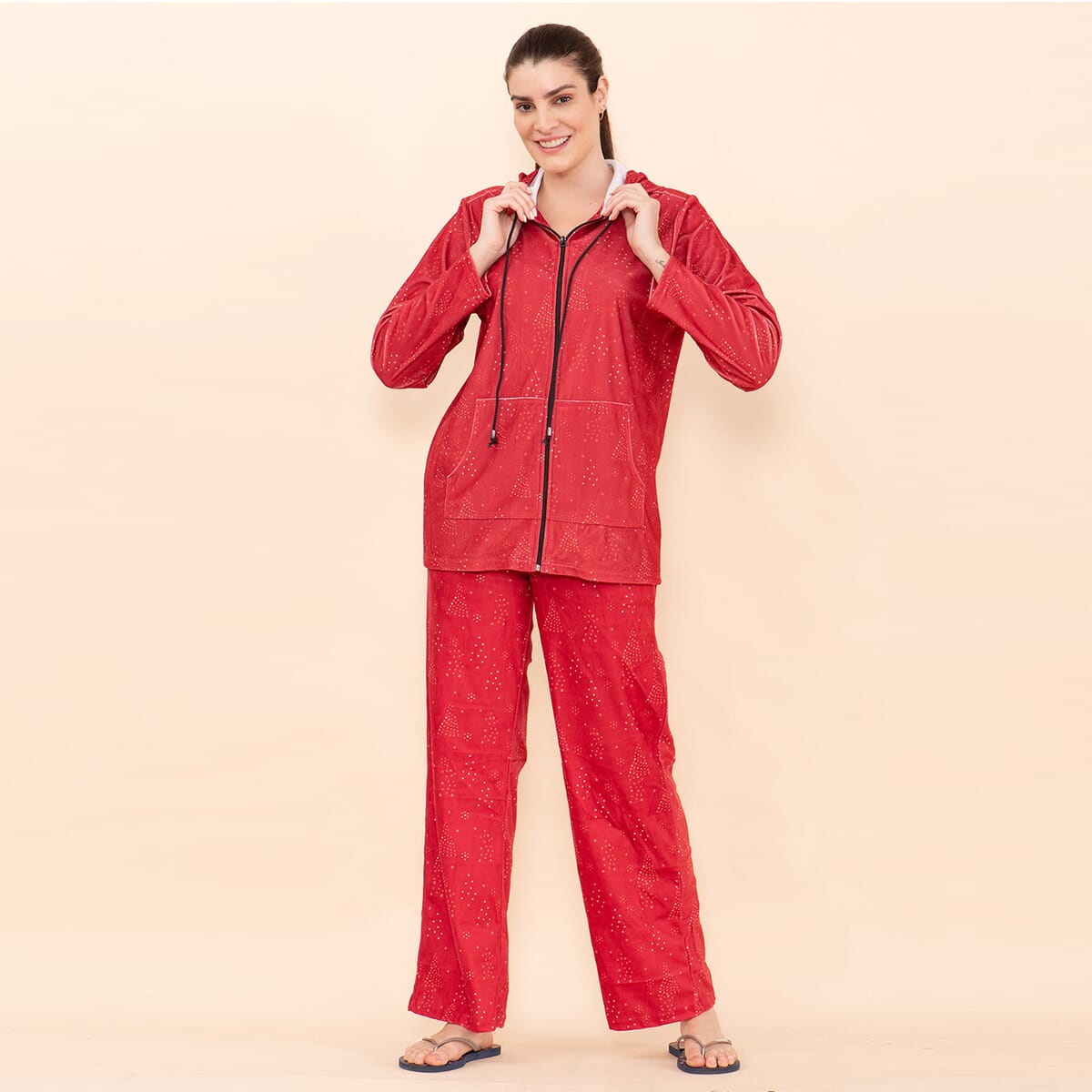 Tamsy Red Sparkle Printed Brushed Flannel Lounge Wear Set - L image number 0