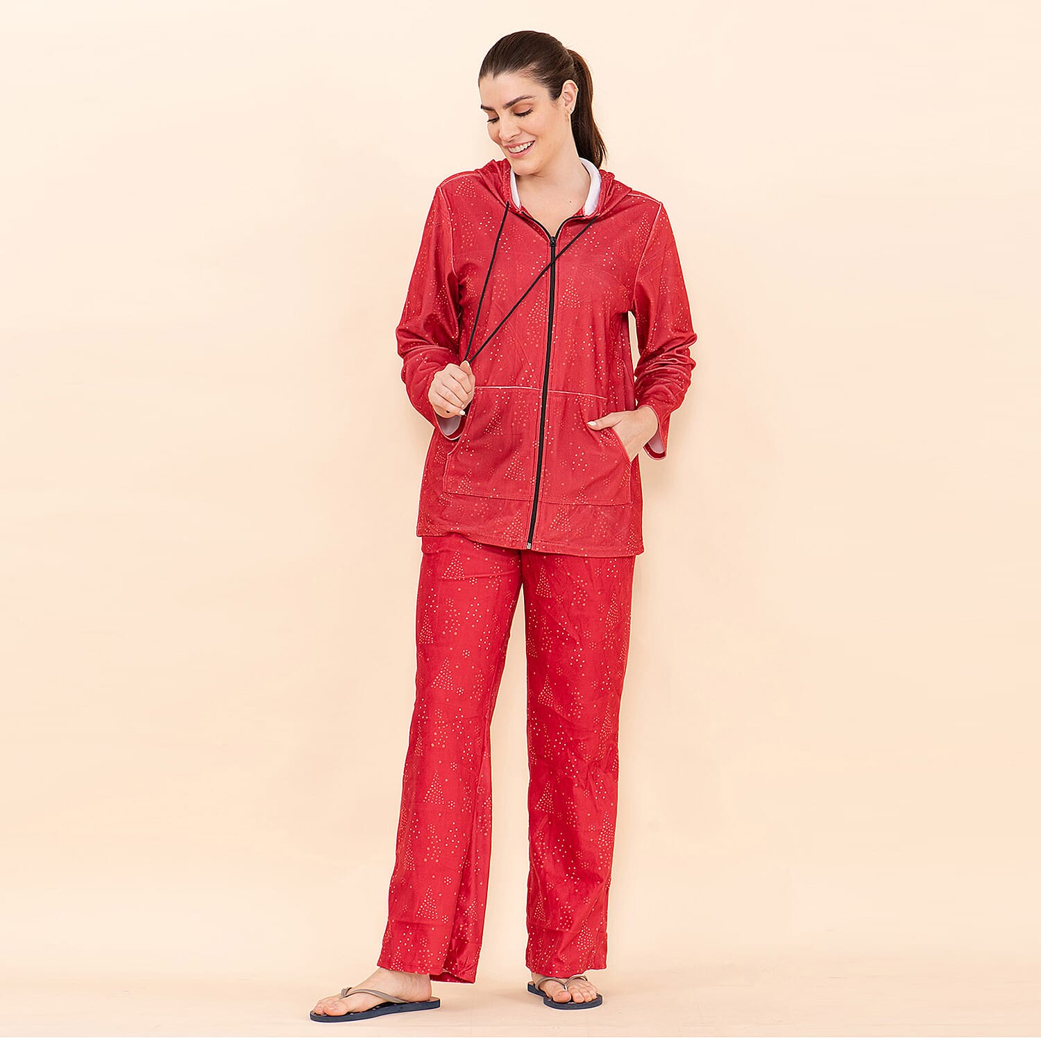 Tamsy Red Sparkle Printed Brushed Flannel Lounge Wear Set - L