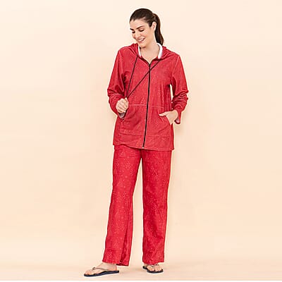 Tamsy Red Sparkle Printed Brushed Flannel Lounge Wear Set - L