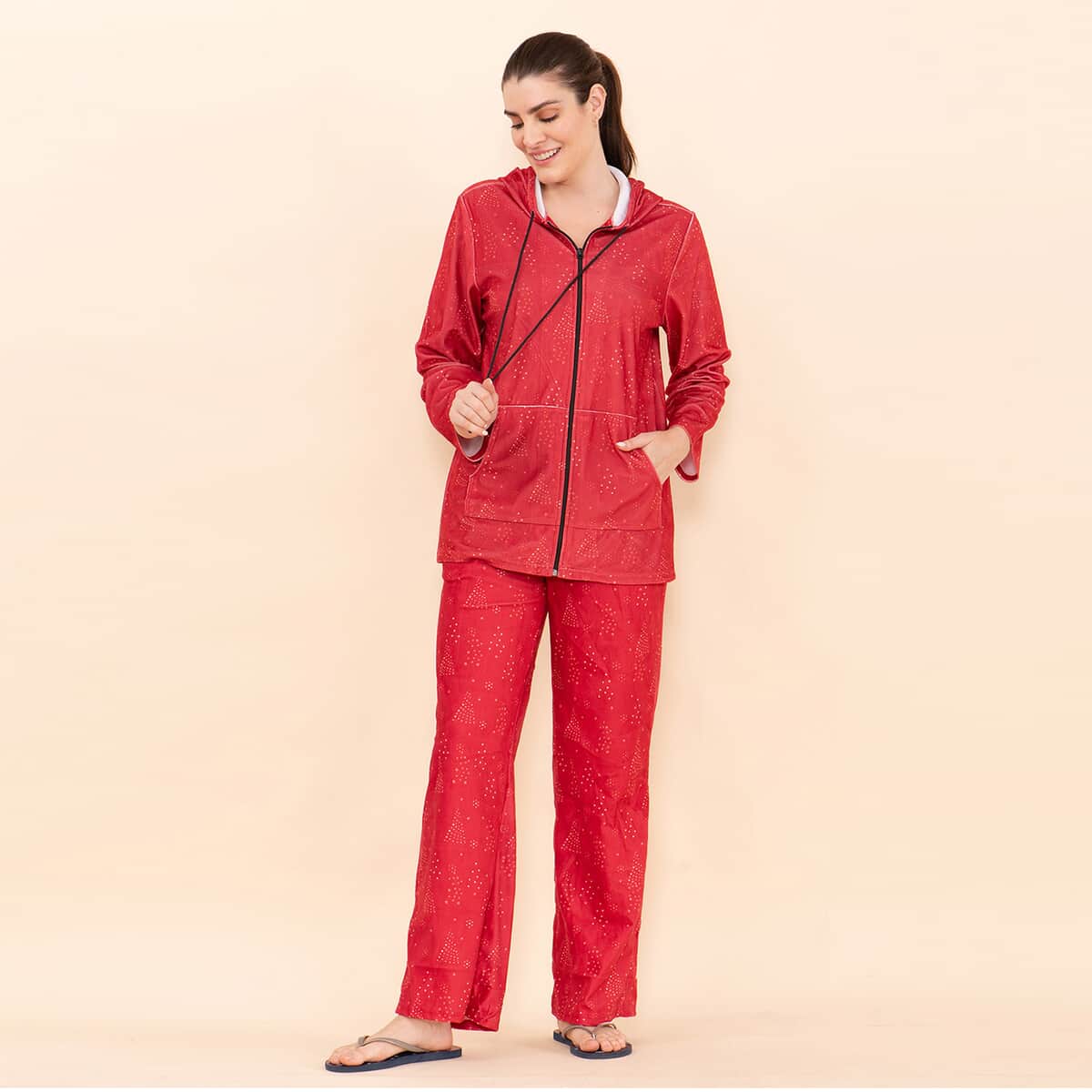 Tamsy Red Sparkle Printed Brushed Flannel Lounge Wear Set - L image number 2