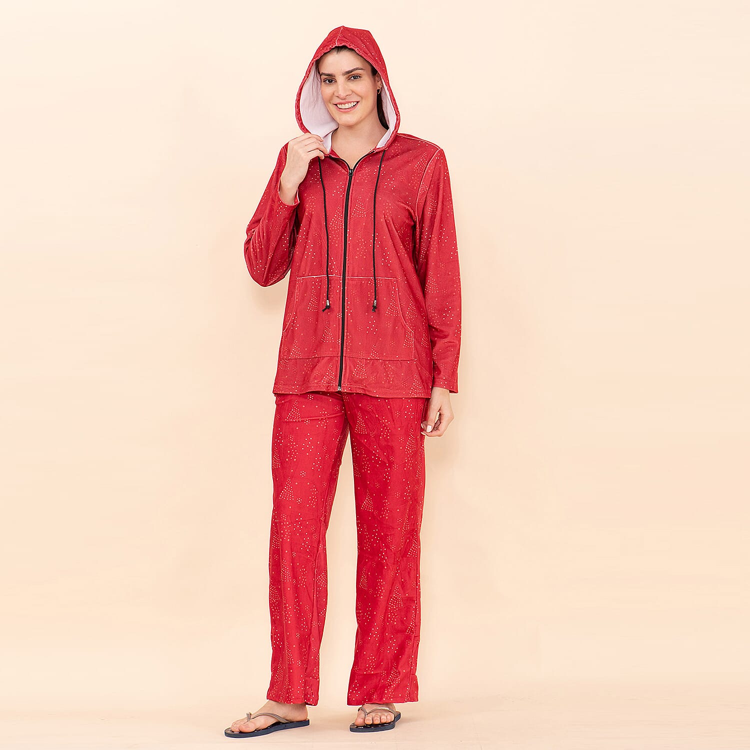 Tamsy Red Sparkle Printed Brushed Flannel Lounge Wear Set - L
