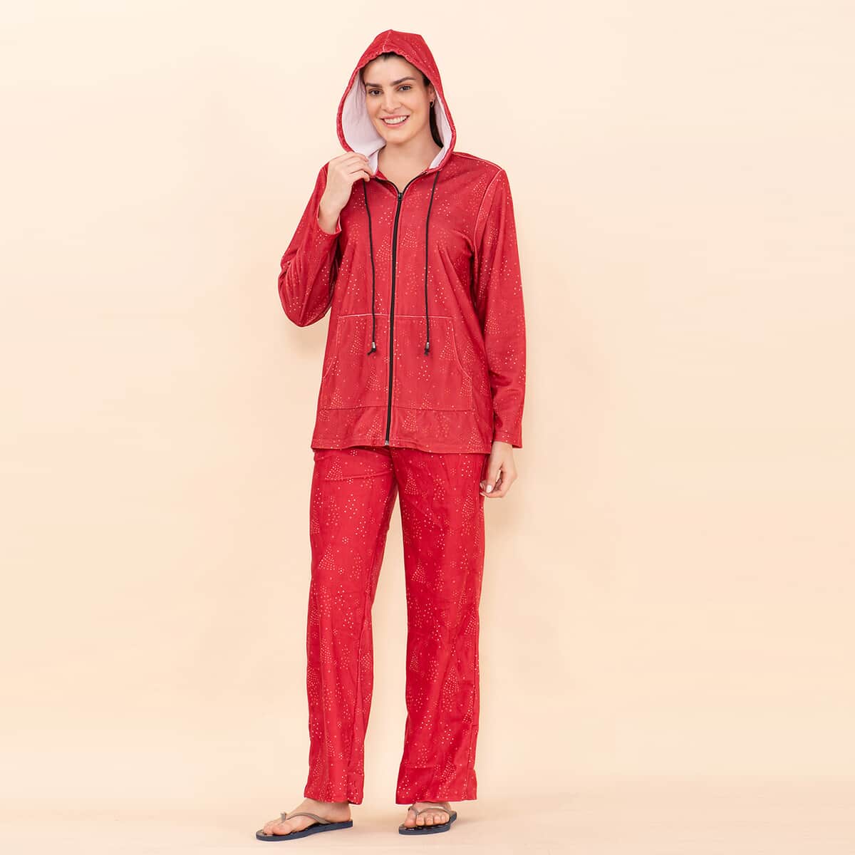 TAMSY Red Sparkle Printed Brushed Flannel Track Suit Set - L image number 3
