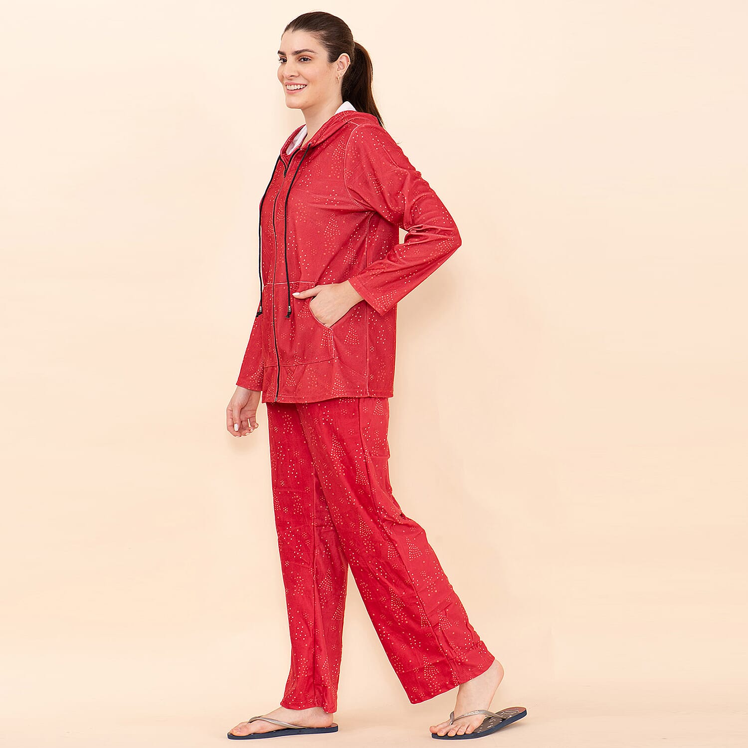 Tamsy Red Sparkle Printed Brushed Flannel Lounge Wear Set - L