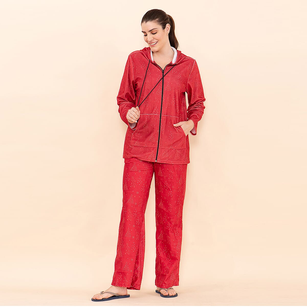 Tamsy Red Sparkle Printed Brushed Flannel Lounge Wear Set - S image number 2