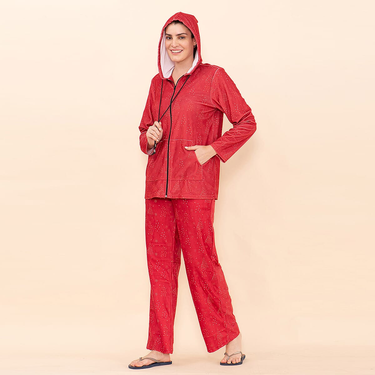 Tamsy Red Sparkle Printed Brushed Flannel Lounge Wear Set - S image number 4