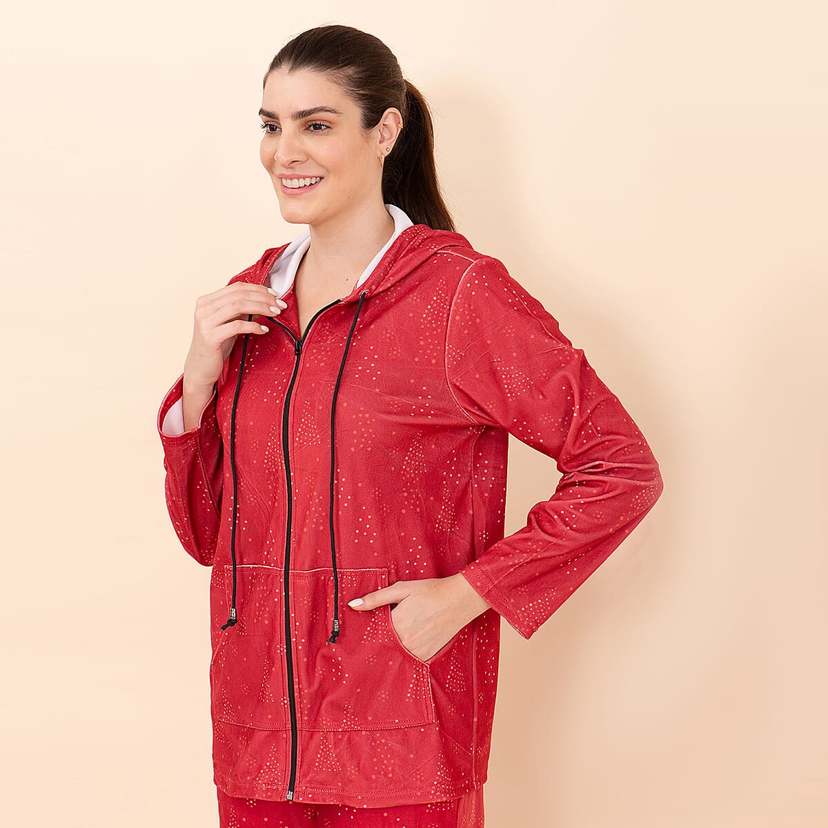 Tamsy Red Sparkle Printed Brushed Flannel Lounge Wear Set - S image number 6