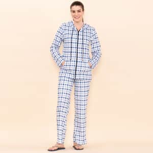 Tamsy Blue Checkered Printed Brushed Flannel Track Suit Set -L