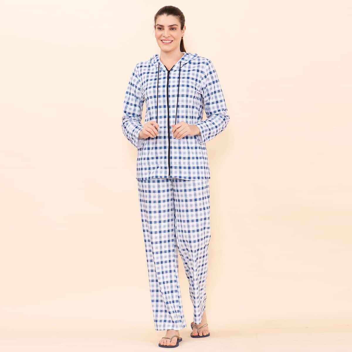 Tamsy Blue Checkered Printed Brushed Flannel Track Suit Set -L image number 2