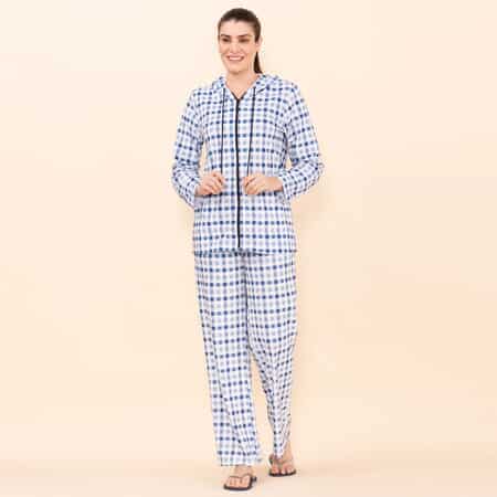 Tamsy Blue Checkered Printed Brushed Flannel Track Suit Set -L image number 2