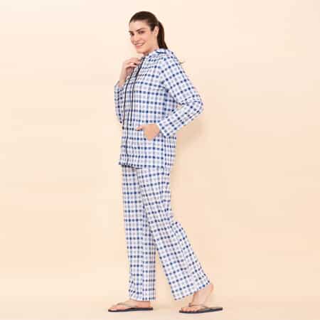 Tamsy Blue Checkered Printed Brushed Flannel Track Suit Set -L image number 5