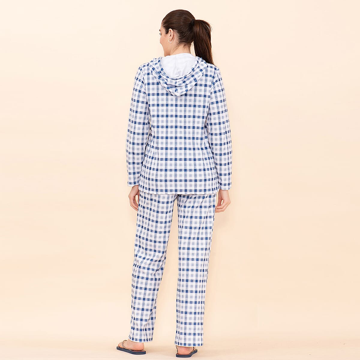 Tamsy Blue Checkered Printed Brushed Flannel Track Suit Set -M image number 1